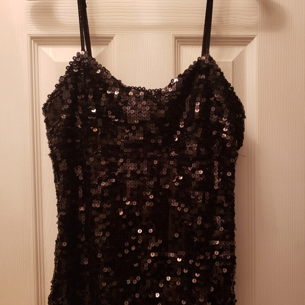 Vintage Forever 21 Woman's Sequin Cami Adjust Spaghetti Straps Black Bling NWOT